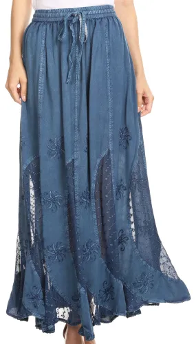 Sakkas Aleja Womens Bohemian Gypsy Maxi Long Skirt Adjustable Elastic Waist Lace