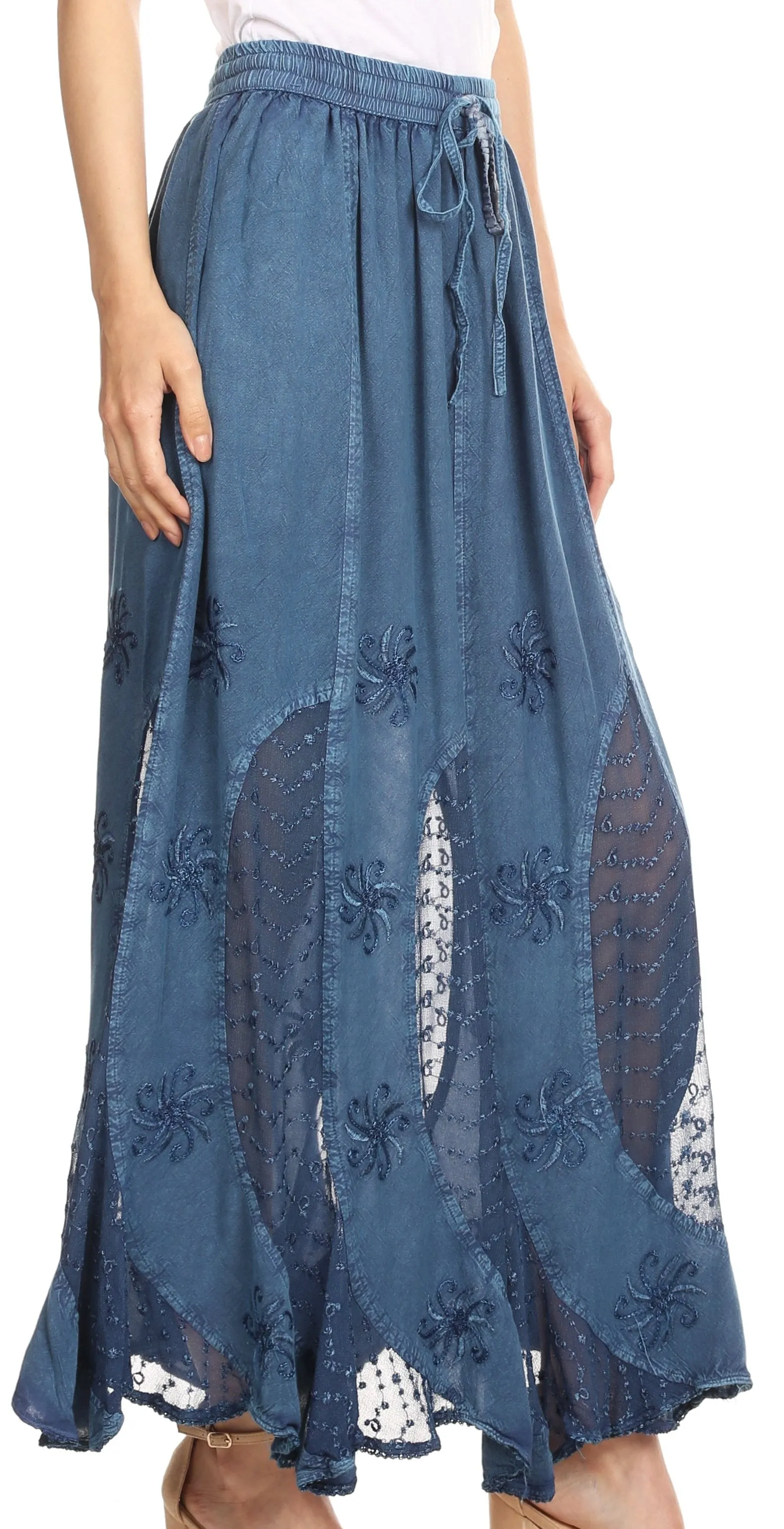 Sakkas Aleja Womens Bohemian Gypsy Maxi Long Skirt Adjustable Elastic Waist Lace