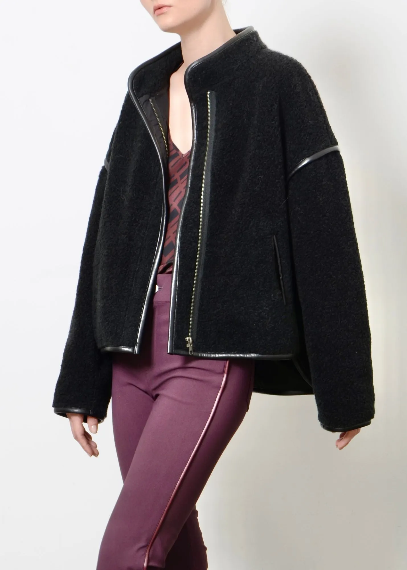 Shearling Zip Jacket with Vegan Leather Trim - TILLIE