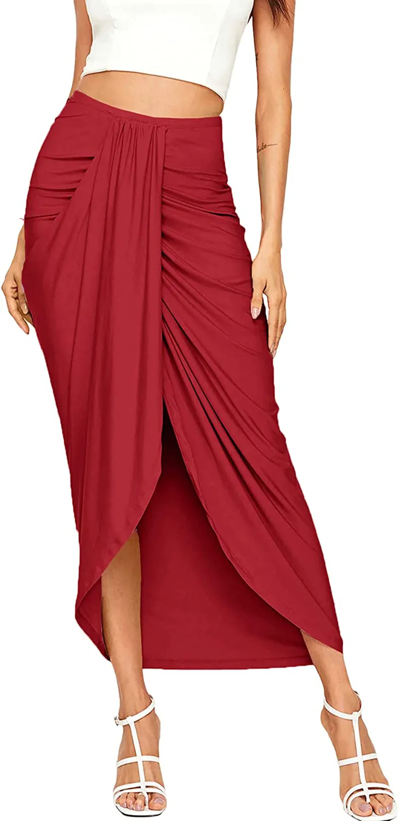 SheIn Women's Casual Slit Wrap Asymmetrical Elastic High Waist Maxi Draped Skirt