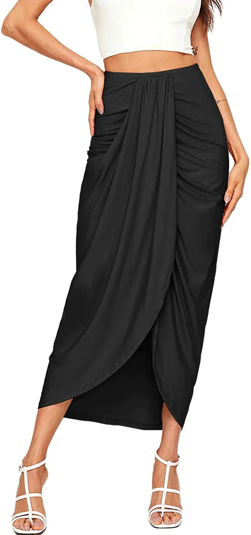 SheIn Women's Casual Slit Wrap Asymmetrical Elastic High Waist Maxi Draped Skirt