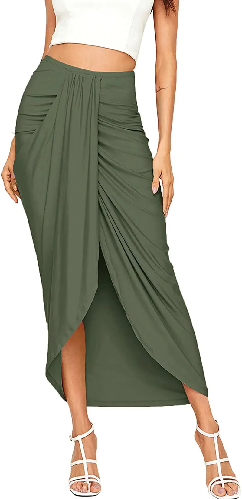 SheIn Women's Casual Slit Wrap Asymmetrical Elastic High Waist Maxi Draped Skirt