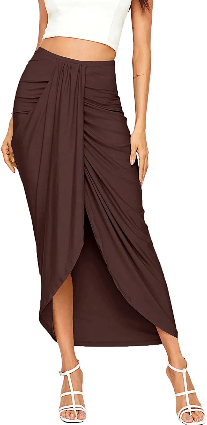 SheIn Women's Casual Slit Wrap Asymmetrical Elastic High Waist Maxi Draped Skirt