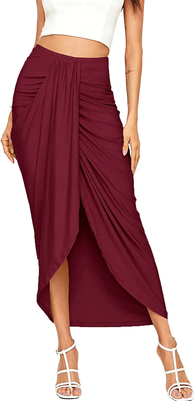 SheIn Women's Casual Slit Wrap Asymmetrical Elastic High Waist Maxi Draped Skirt