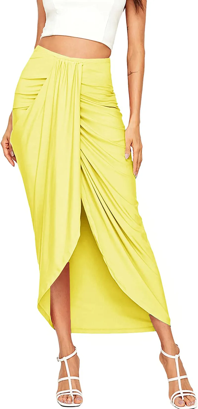 SheIn Women's Casual Slit Wrap Asymmetrical Elastic High Waist Maxi Draped Skirt