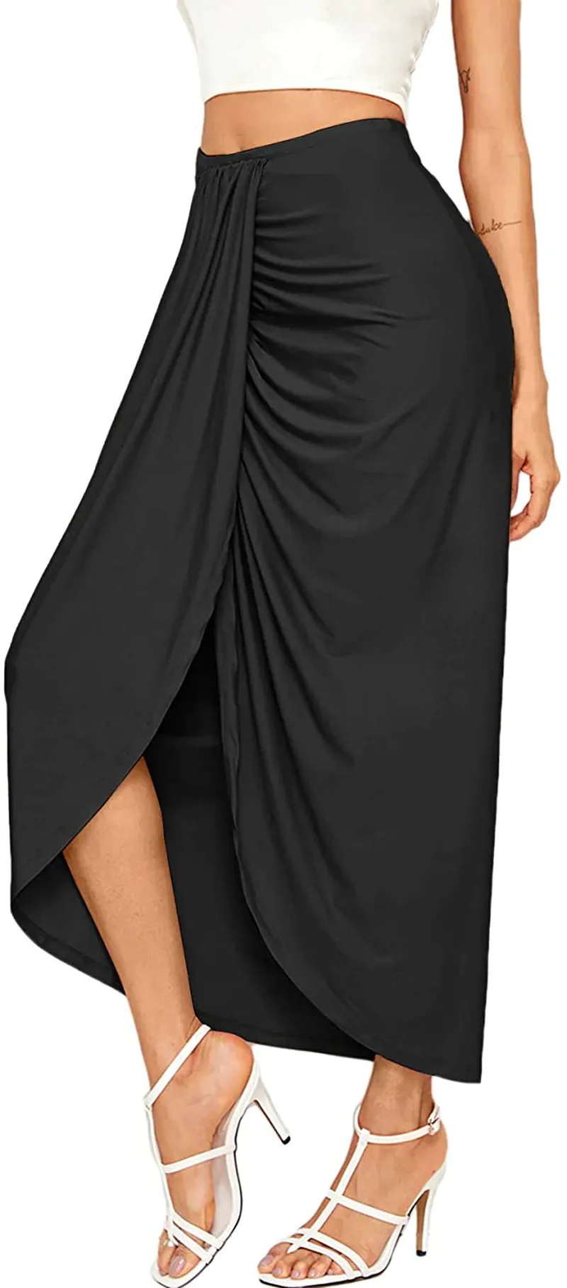 SheIn Women's Casual Slit Wrap Asymmetrical Elastic High Waist Maxi Draped Skirt