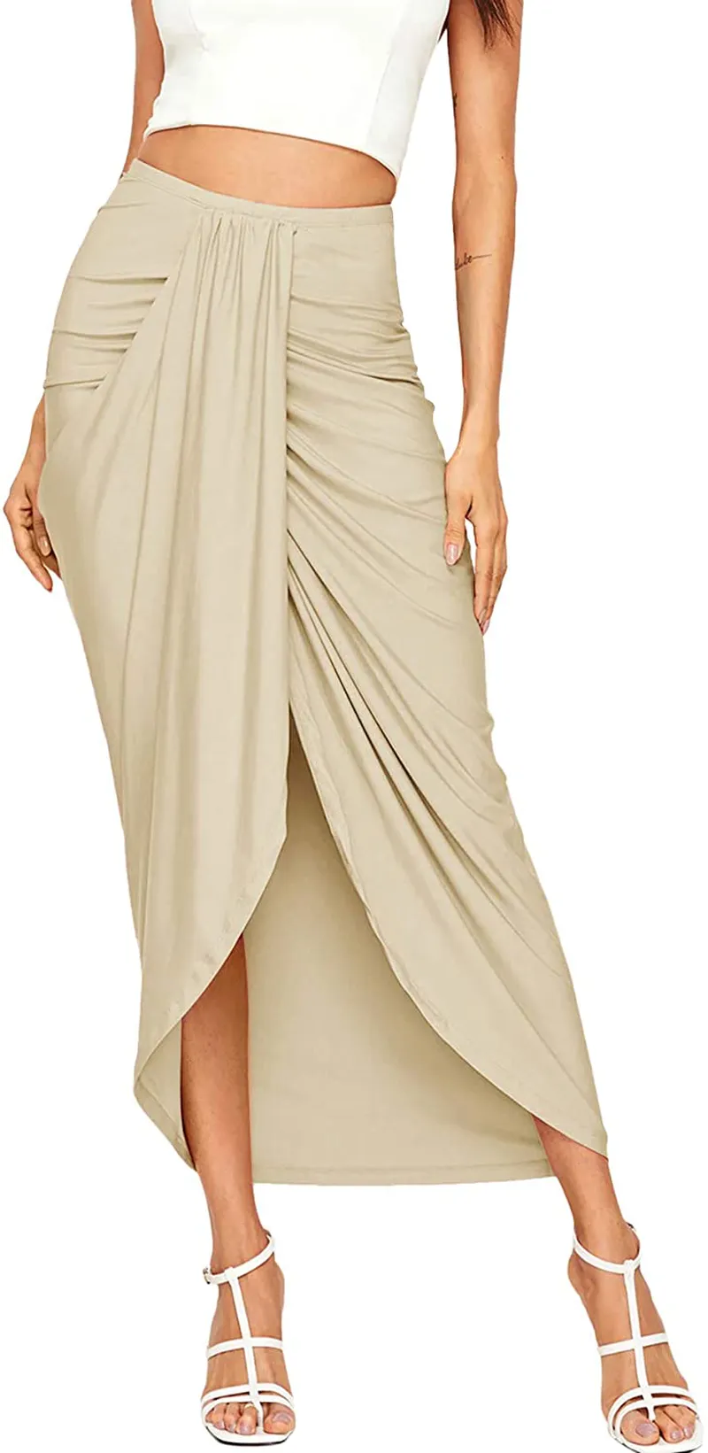 SheIn Women's Casual Slit Wrap Asymmetrical Elastic High Waist Maxi Draped Skirt