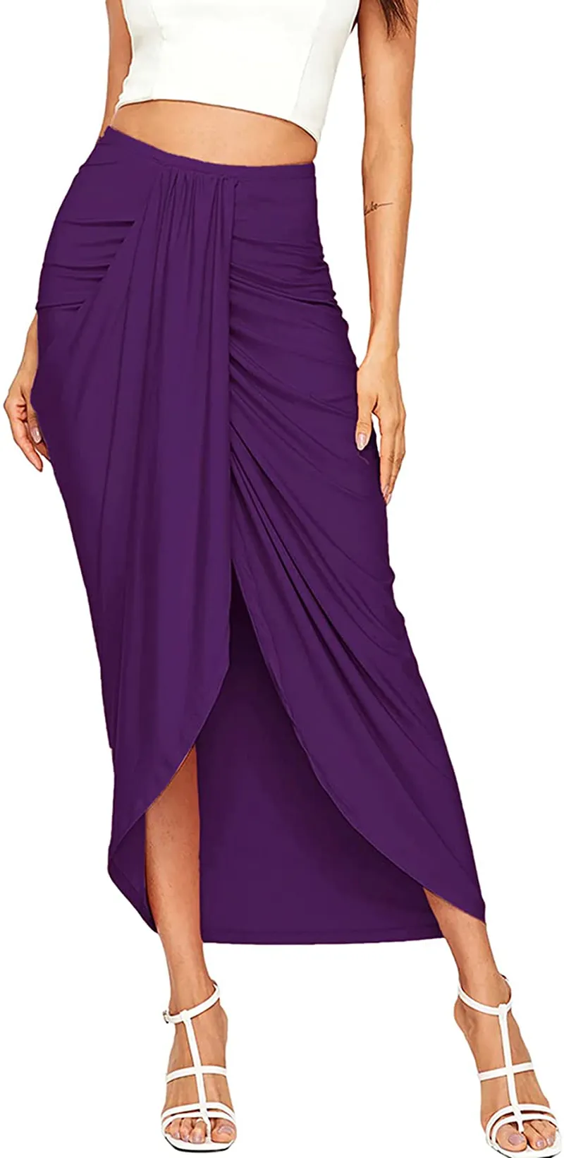 SheIn Women's Casual Slit Wrap Asymmetrical Elastic High Waist Maxi Draped Skirt