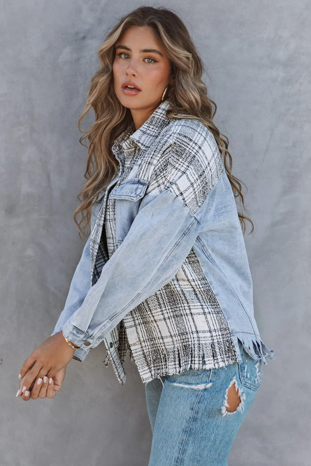 Sky Blue Plaid Patchwork Fringed Flap Pockets Denim Jacket