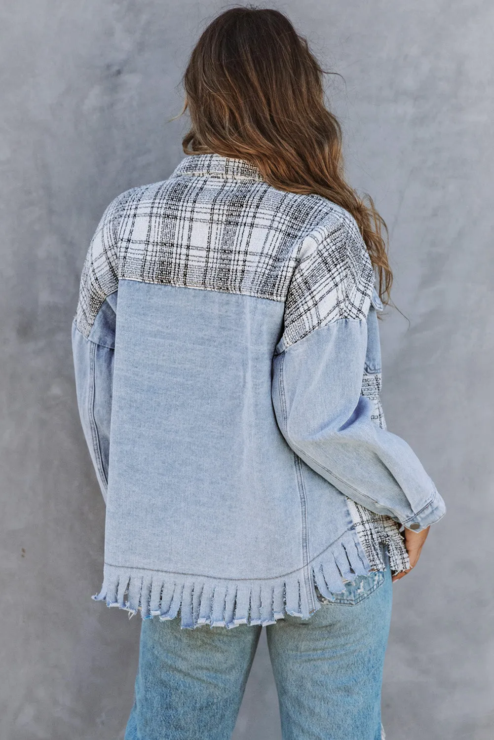 Sky Blue Plaid Patchwork Fringed Flap Pockets Denim Jacket