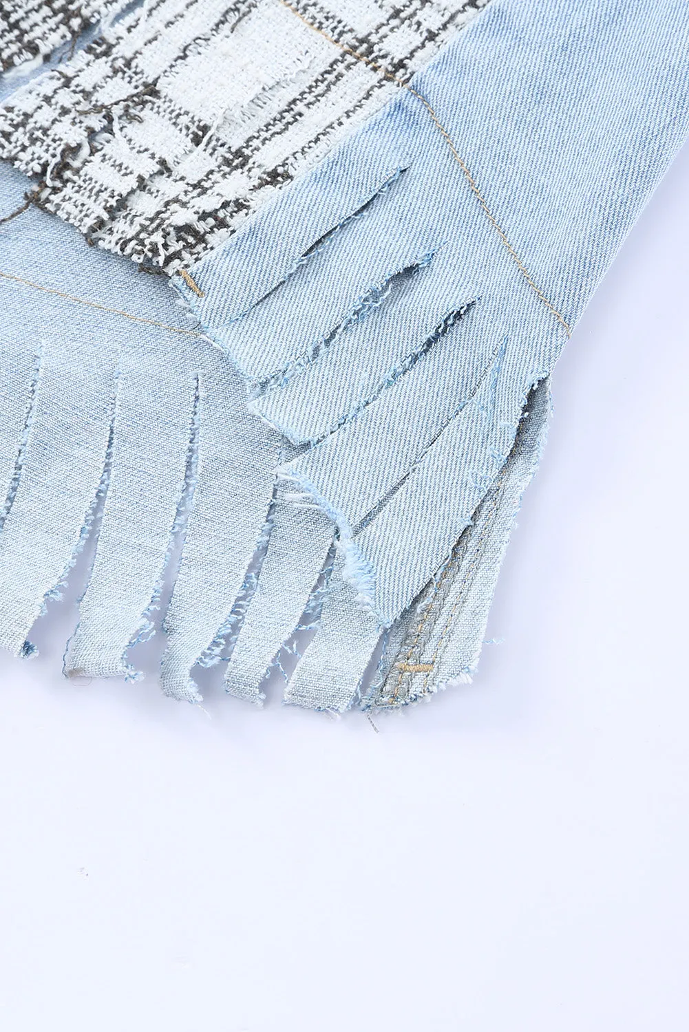 Sky Blue Plaid Patchwork Fringed Flap Pockets Denim Jacket