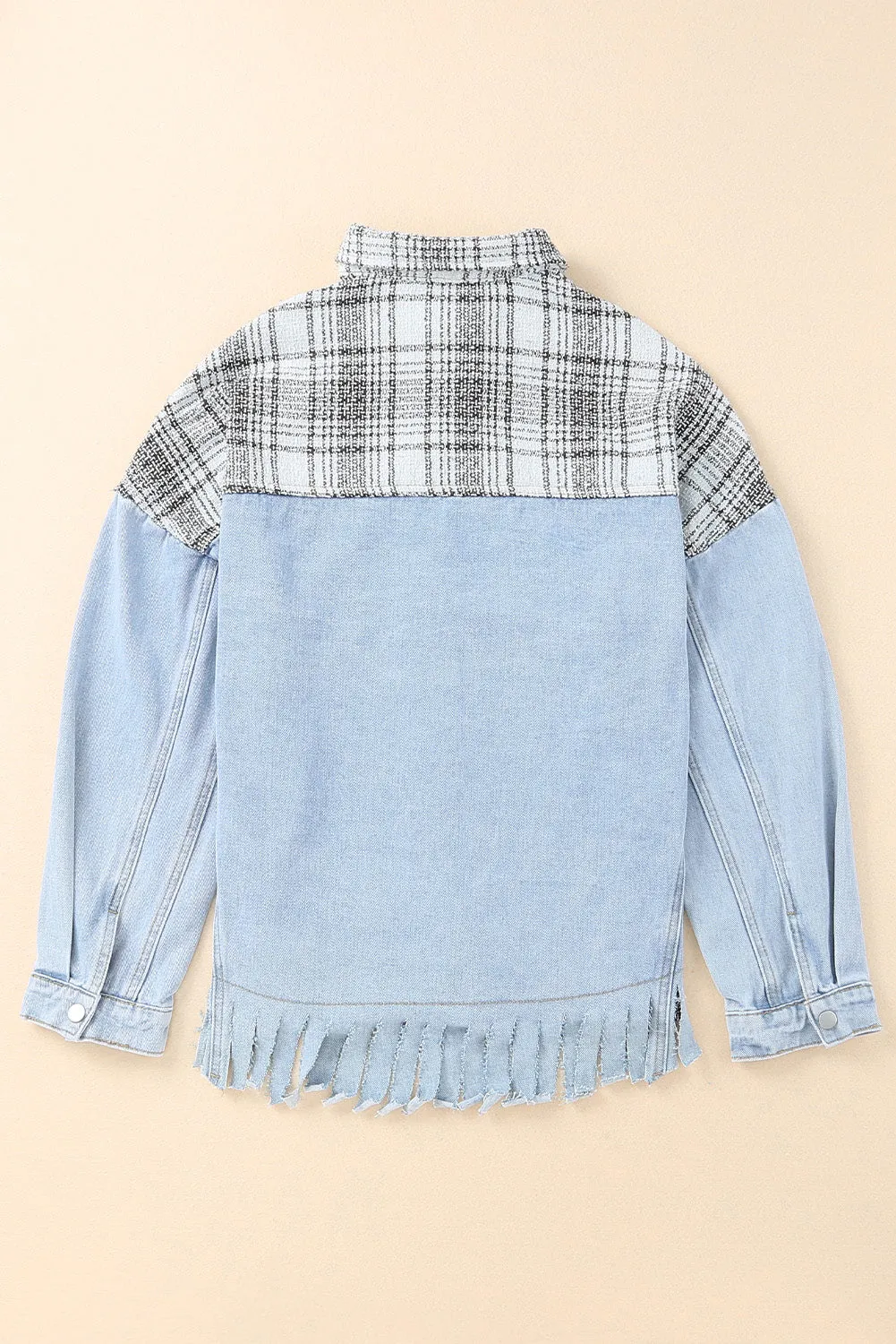 Sky Blue Plaid Patchwork Fringed Flap Pockets Denim Jacket