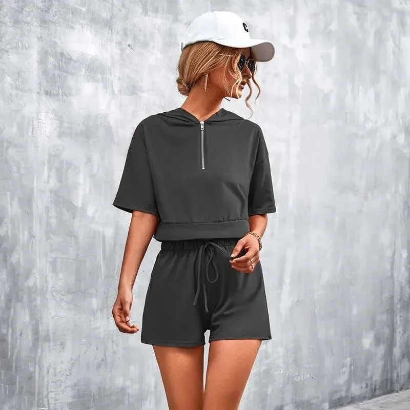 Solid Hooded Zip Casual Shorts Set