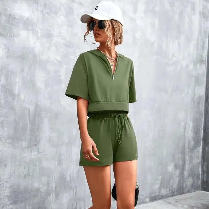 Solid Hooded Zip Casual Shorts Set