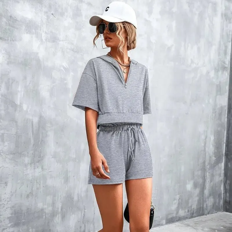 Solid Hooded Zip Casual Shorts Set