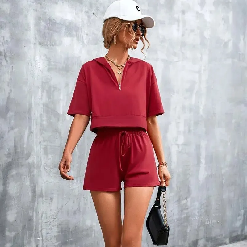 Solid Hooded Zip Casual Shorts Set