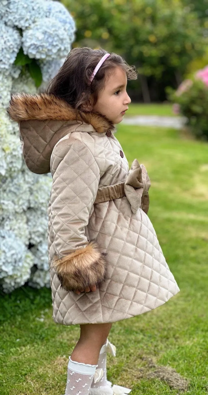 Sonata AW24 PRE-ORDER - Girls Camel Velvet Padded Coat with Fur Lined Hood & Belt