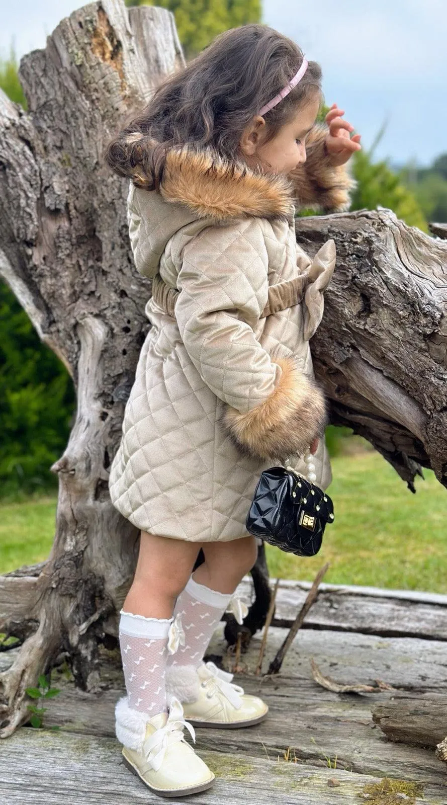 Sonata AW24 PRE-ORDER - Girls Camel Velvet Padded Coat with Fur Lined Hood & Belt