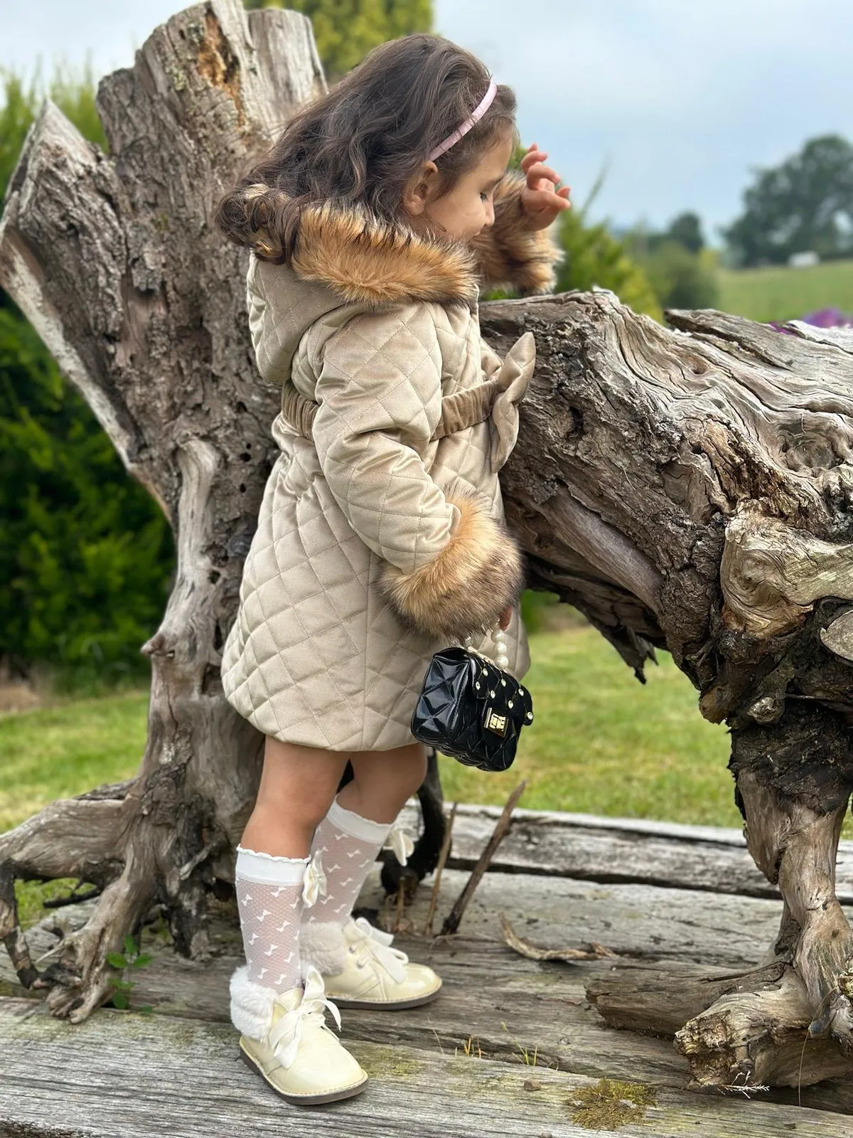 Sonata AW24 PRE-ORDER - Girls Camel Velvet Padded Coat with Fur Lined Hood & Belt