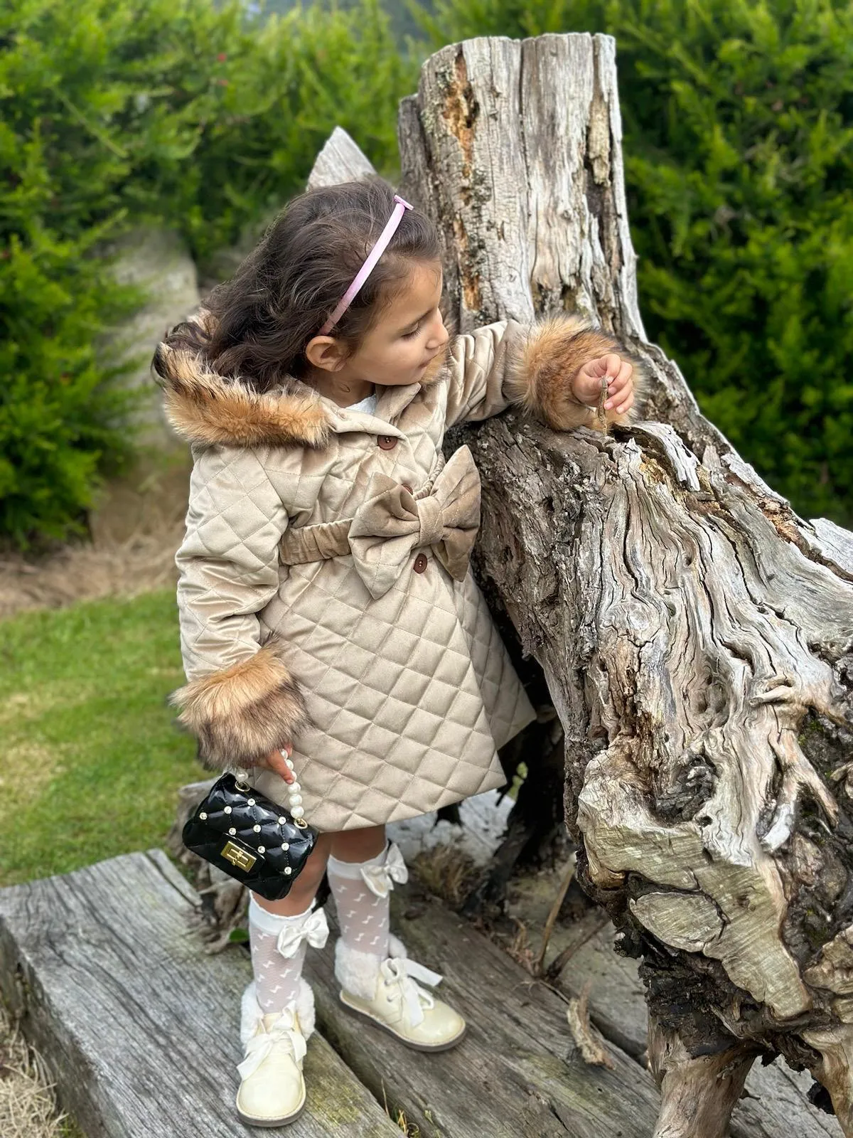 Sonata AW24 PRE-ORDER - Girls Camel Velvet Padded Coat with Fur Lined Hood & Belt