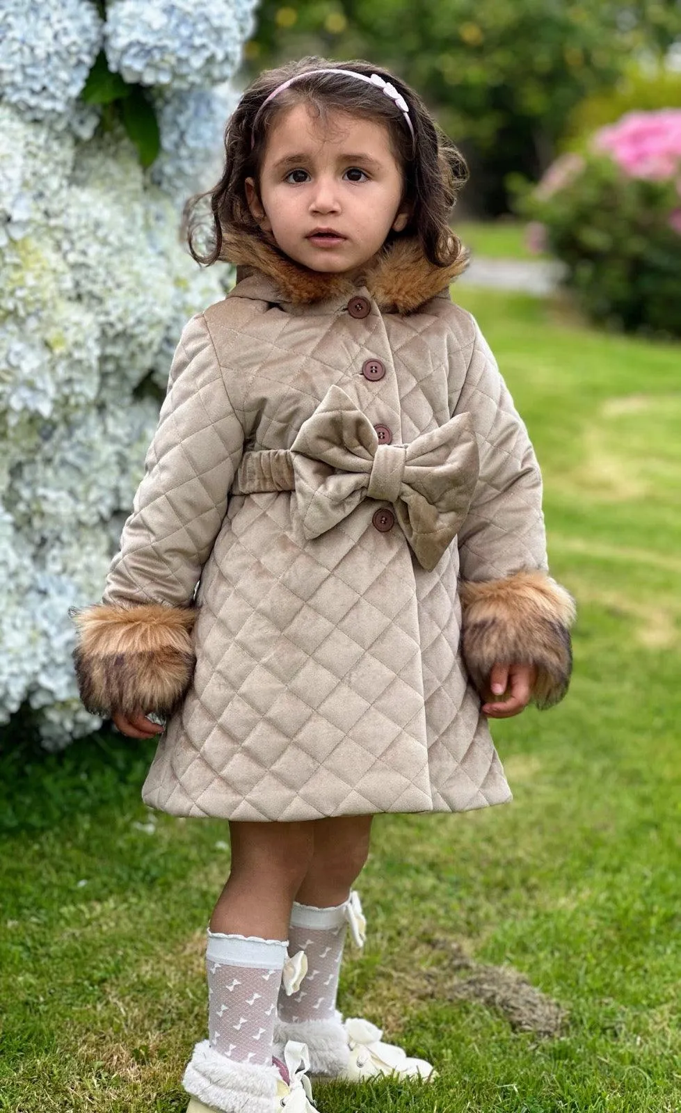 Sonata AW24 PRE-ORDER - Girls Camel Velvet Padded Coat with Fur Lined Hood & Belt