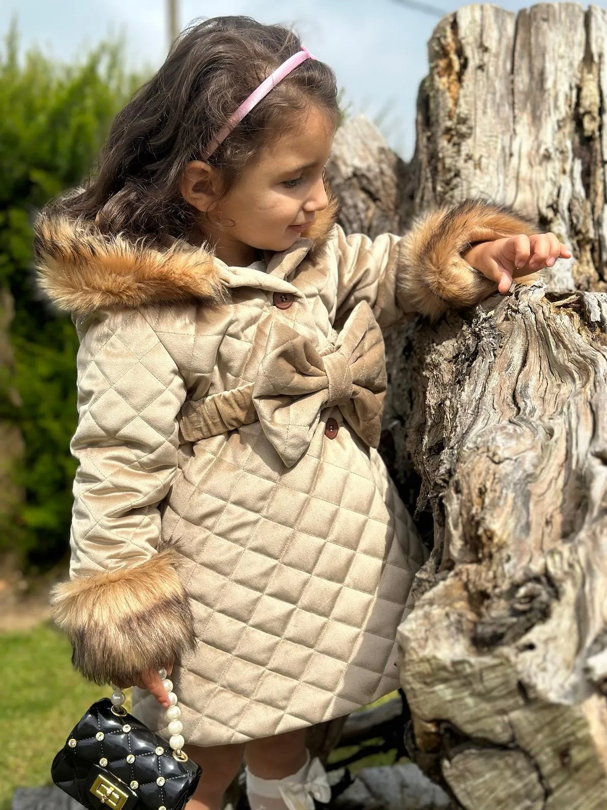 Sonata AW24 PRE-ORDER - Girls Camel Velvet Padded Coat with Fur Lined Hood & Belt