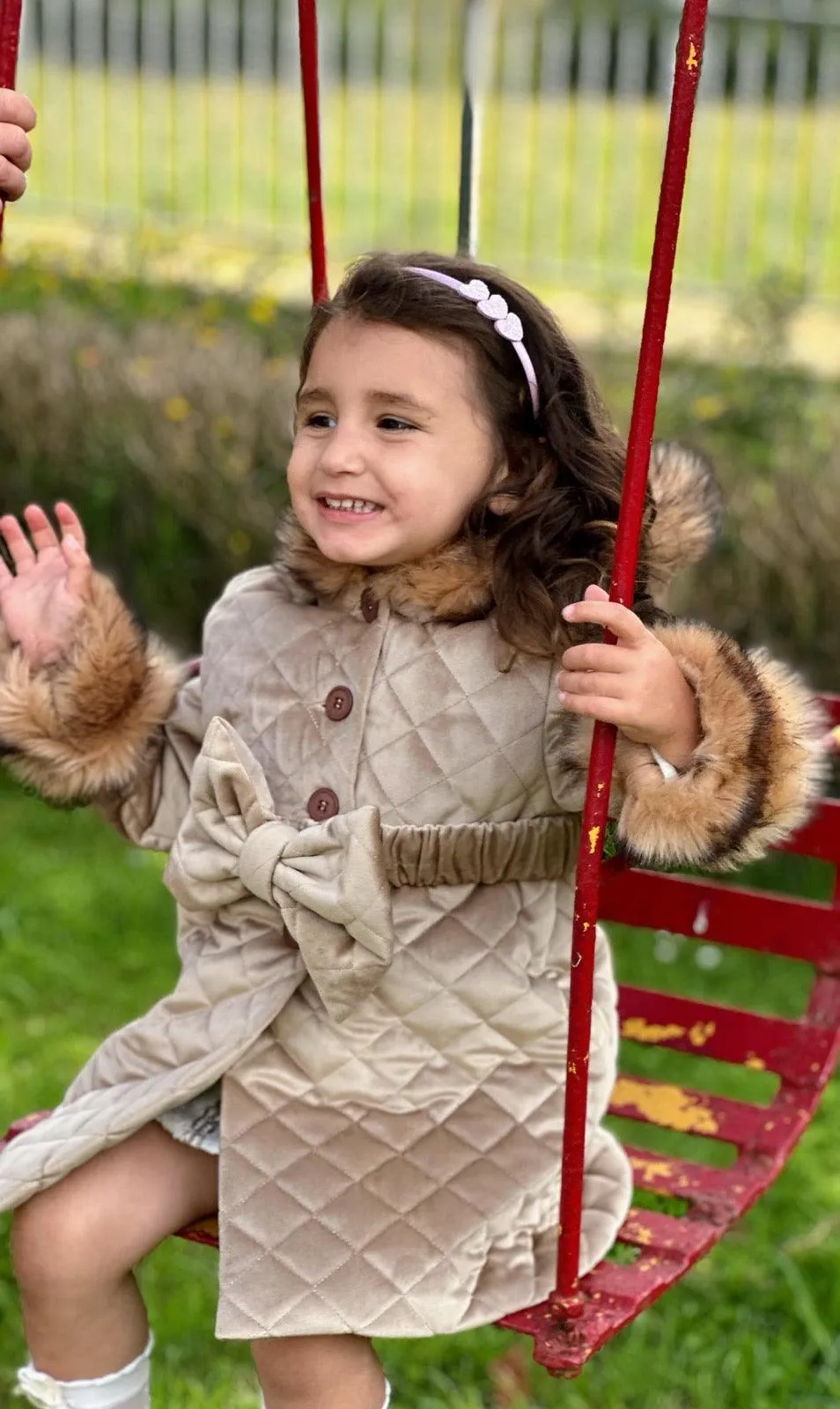 Sonata AW24 PRE-ORDER - Girls Camel Velvet Padded Coat with Fur Lined Hood & Belt