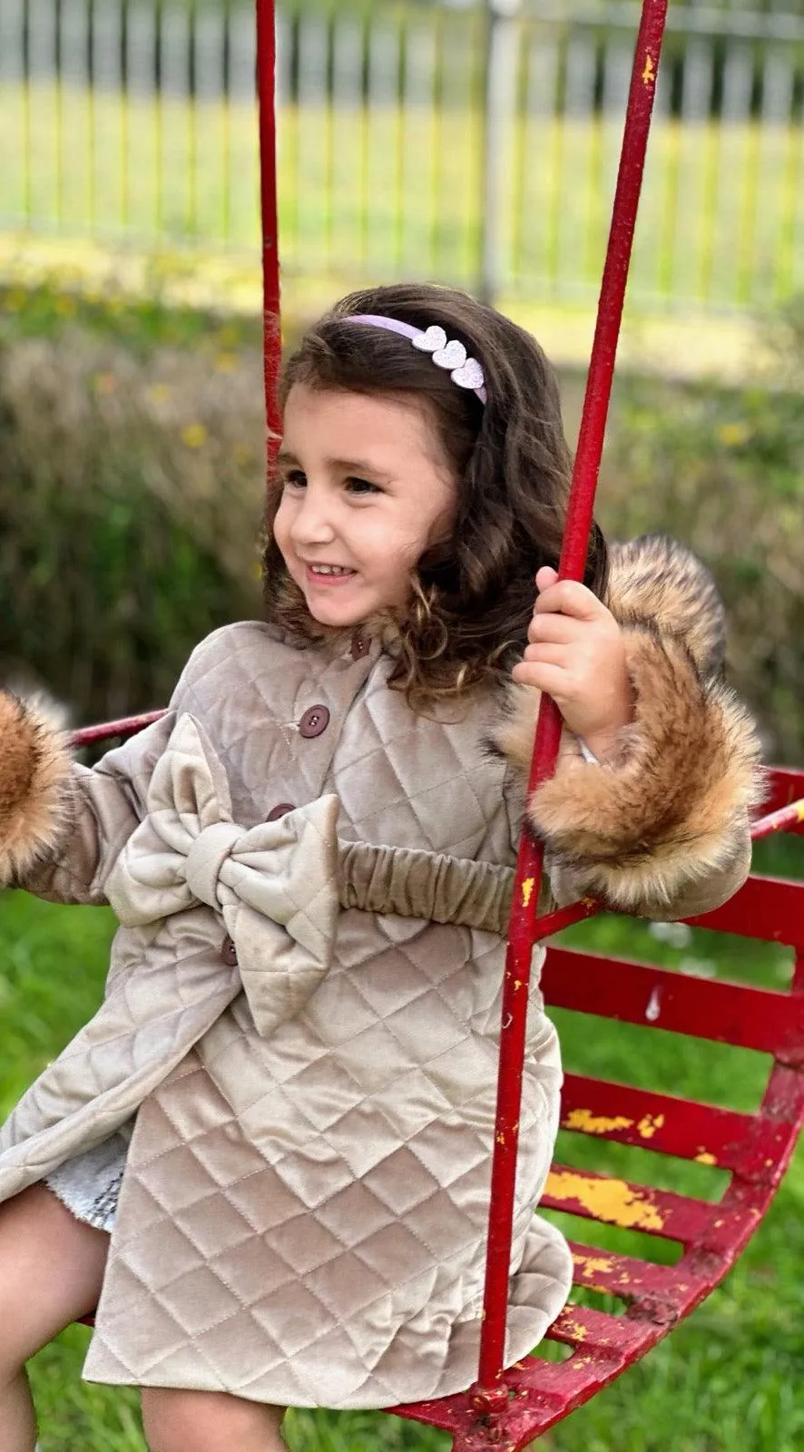 Sonata AW24 PRE-ORDER - Girls Camel Velvet Padded Coat with Fur Lined Hood & Belt