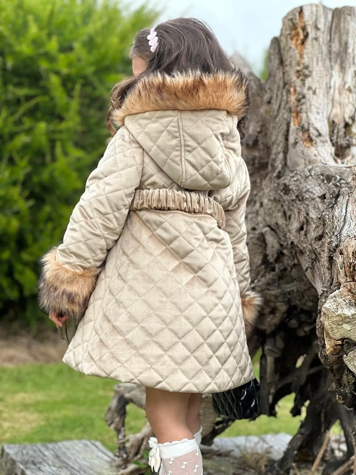 Sonata AW24 PRE-ORDER - Girls Camel Velvet Padded Coat with Fur Lined Hood & Belt