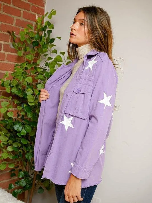 Star Struck Frayed Hem Military Style Shacket