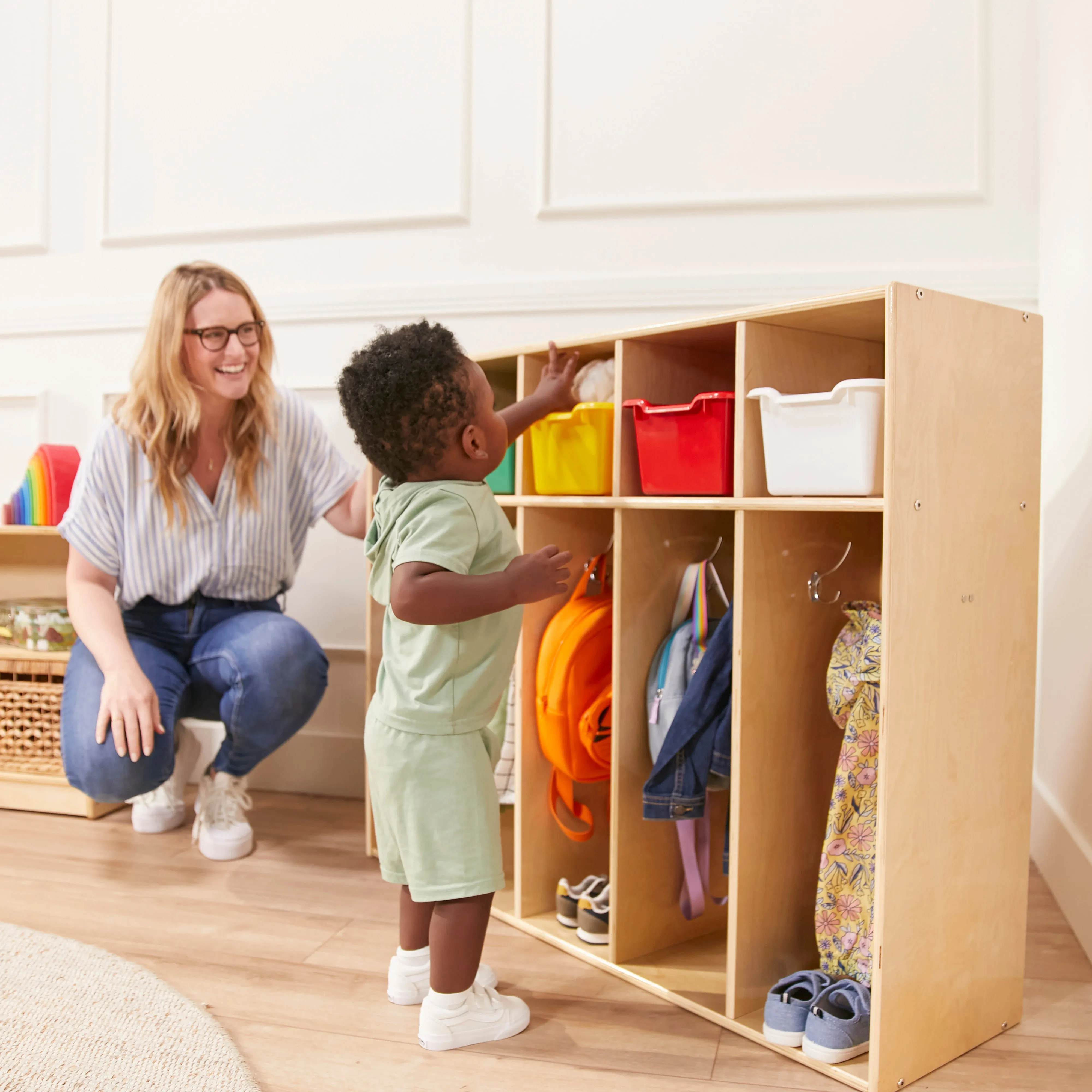 Streamline 5-Section Coat Locker with Scoop Front Storage Bins, Toddler Size, Natural