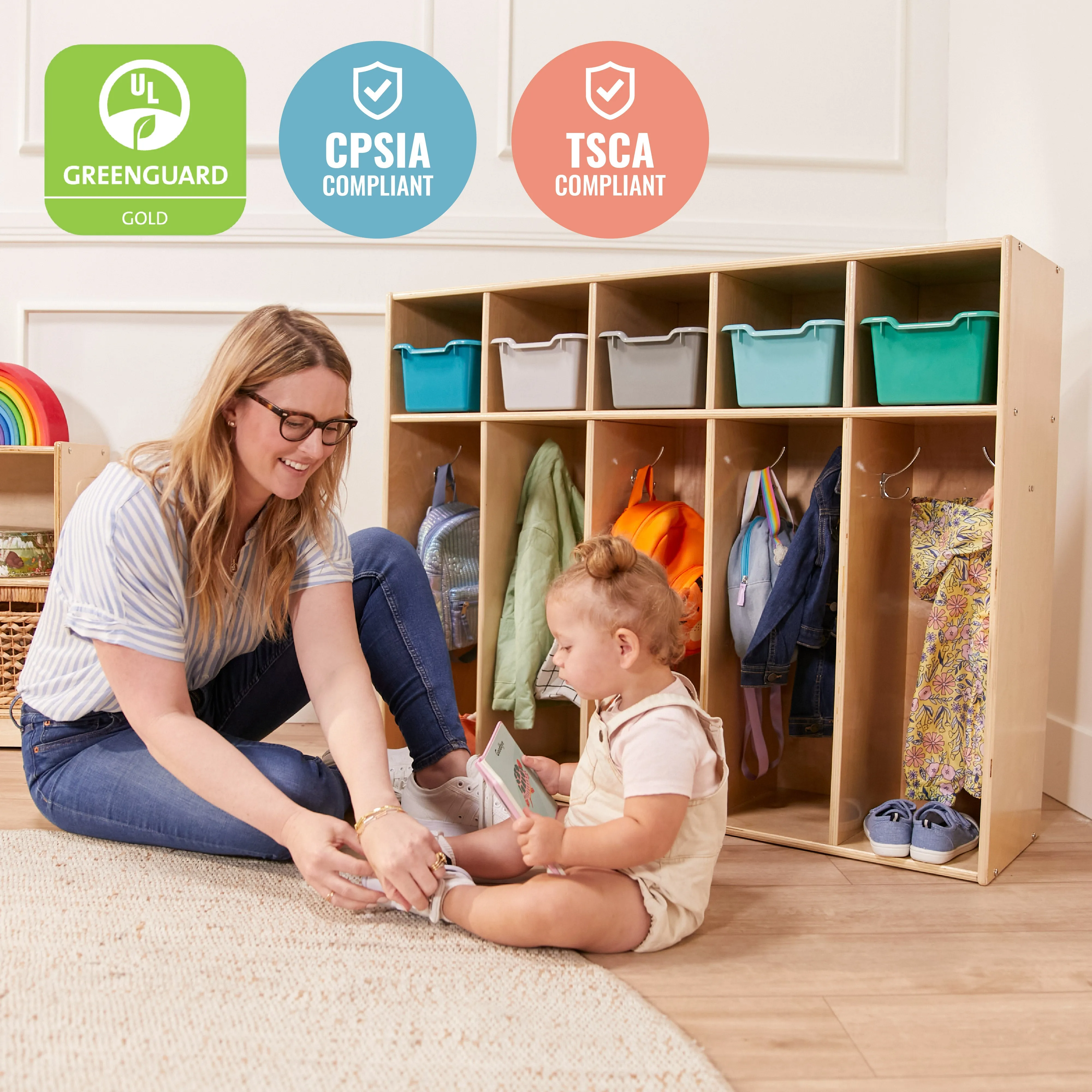 Streamline 5-Section Coat Locker with Scoop Front Storage Bins, Toddler Size, Natural