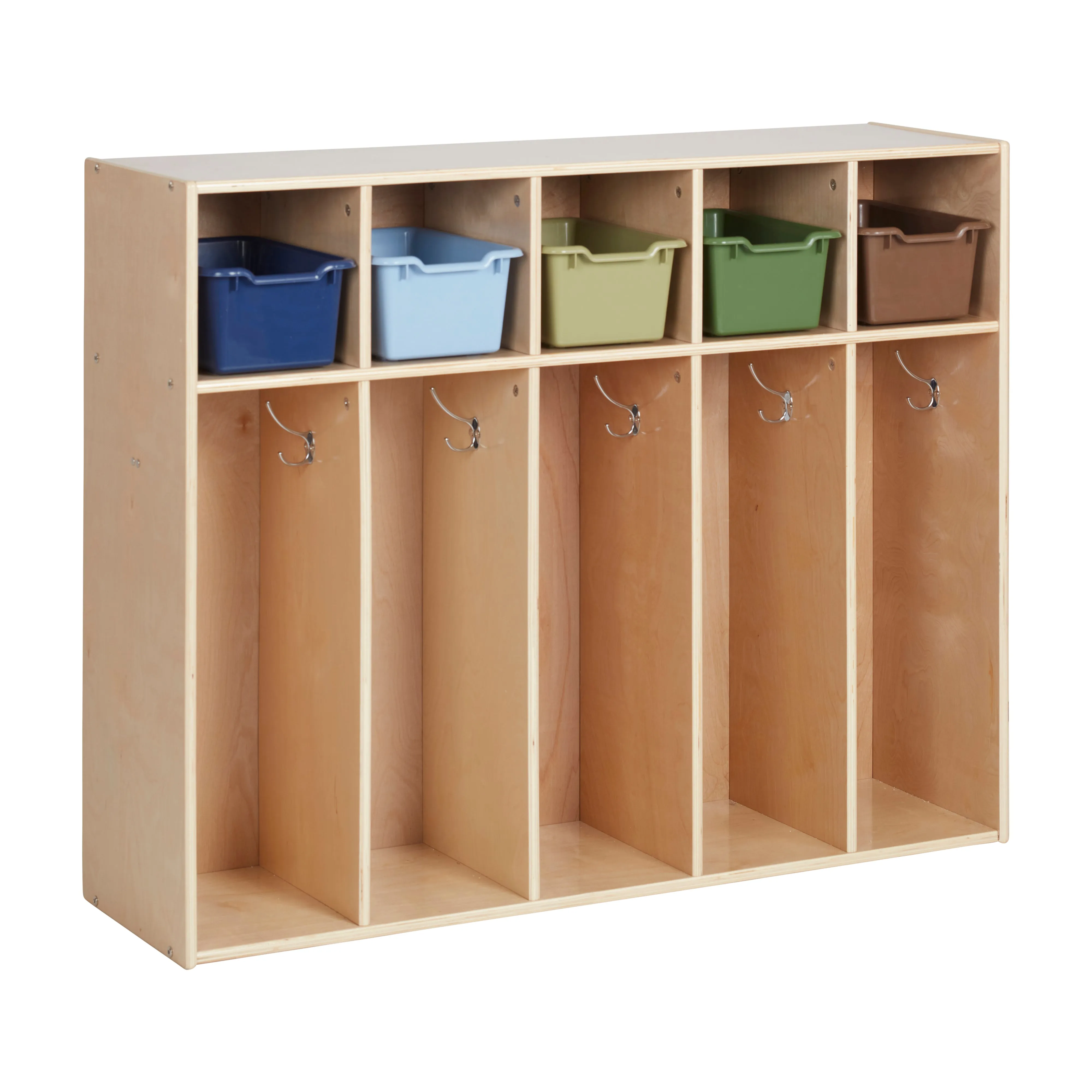 Streamline 5-Section Coat Locker with Scoop Front Storage Bins, Toddler Size, Natural