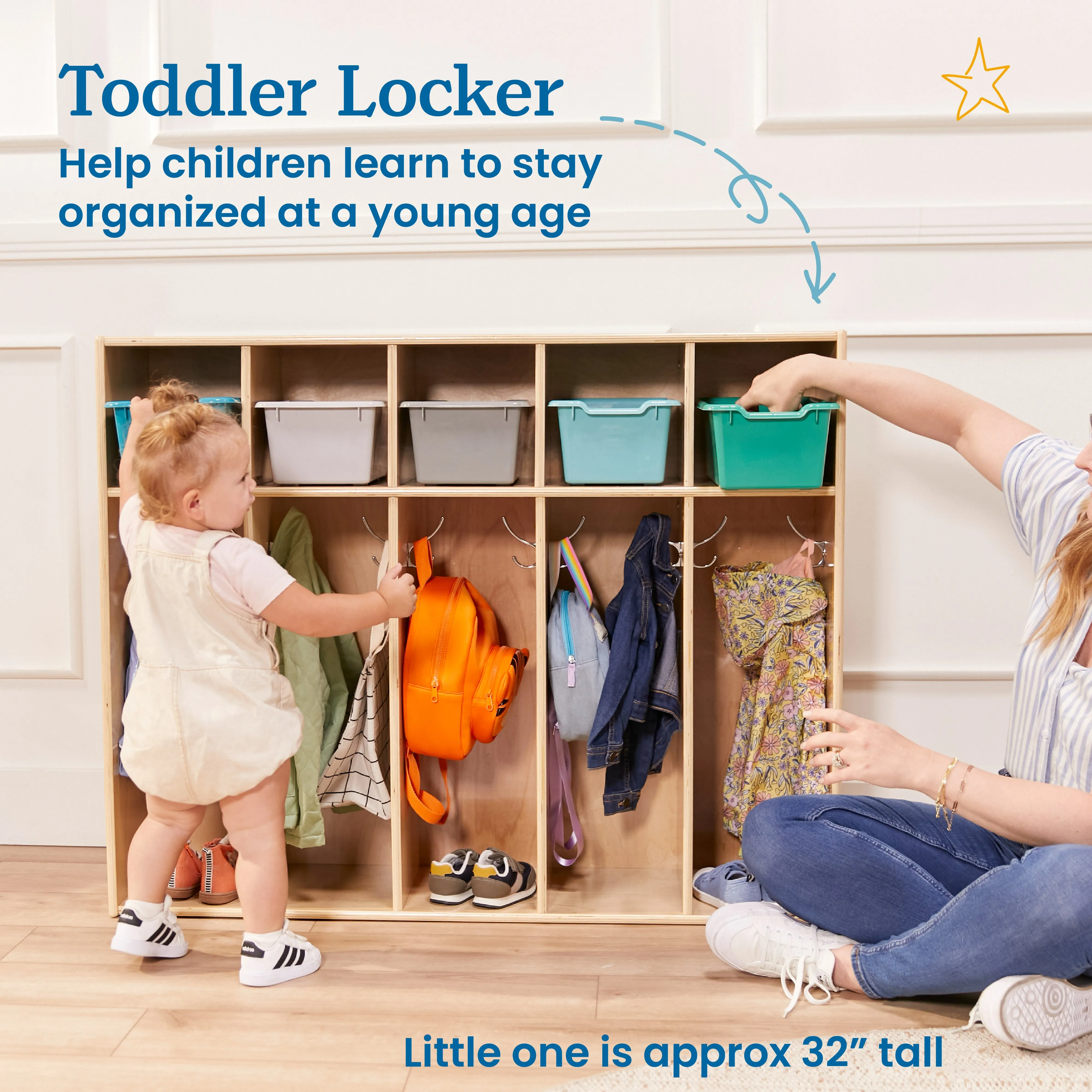 Streamline 5-Section Coat Locker with Scoop Front Storage Bins, Toddler Size, Natural