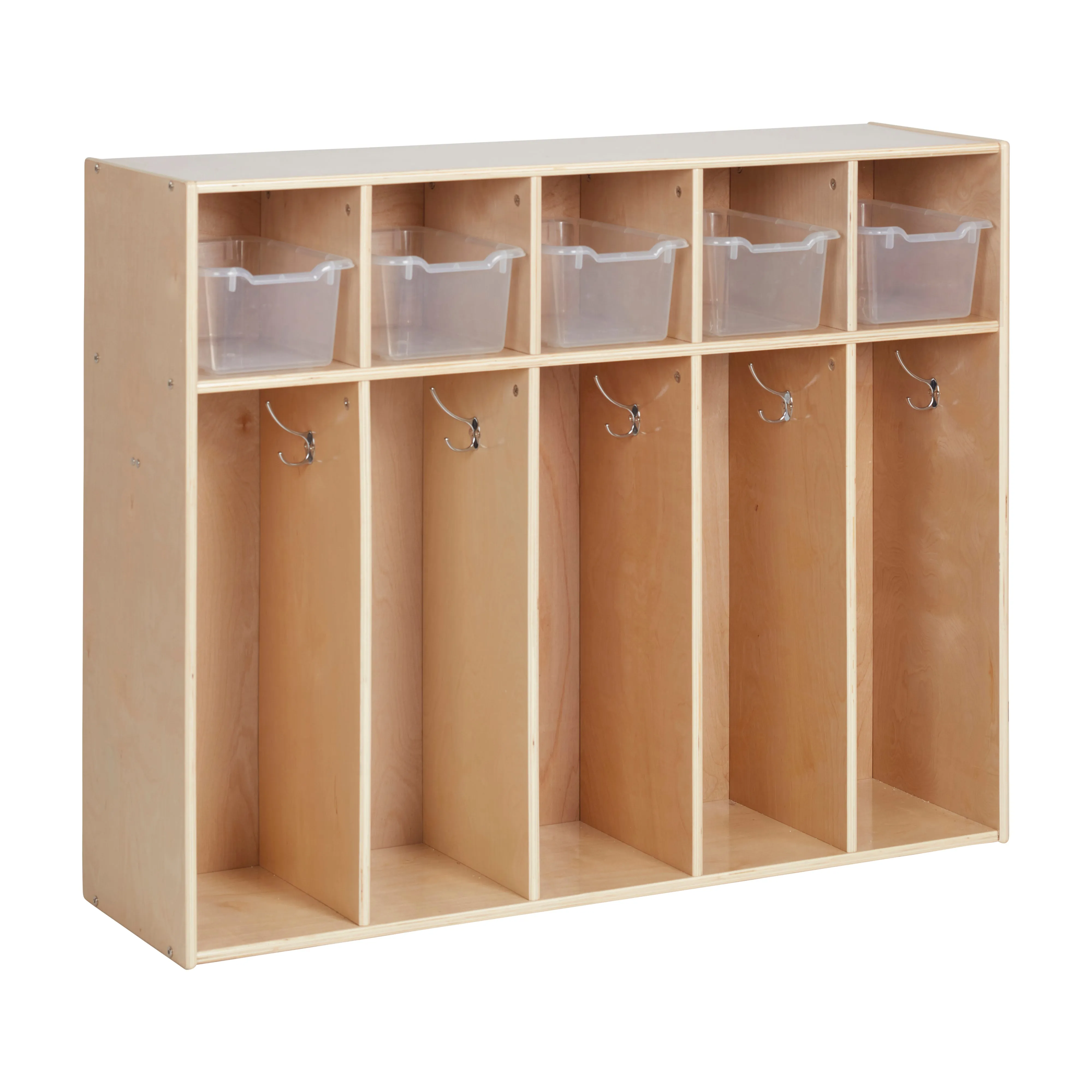 Streamline 5-Section Coat Locker with Scoop Front Storage Bins, Toddler Size, Natural