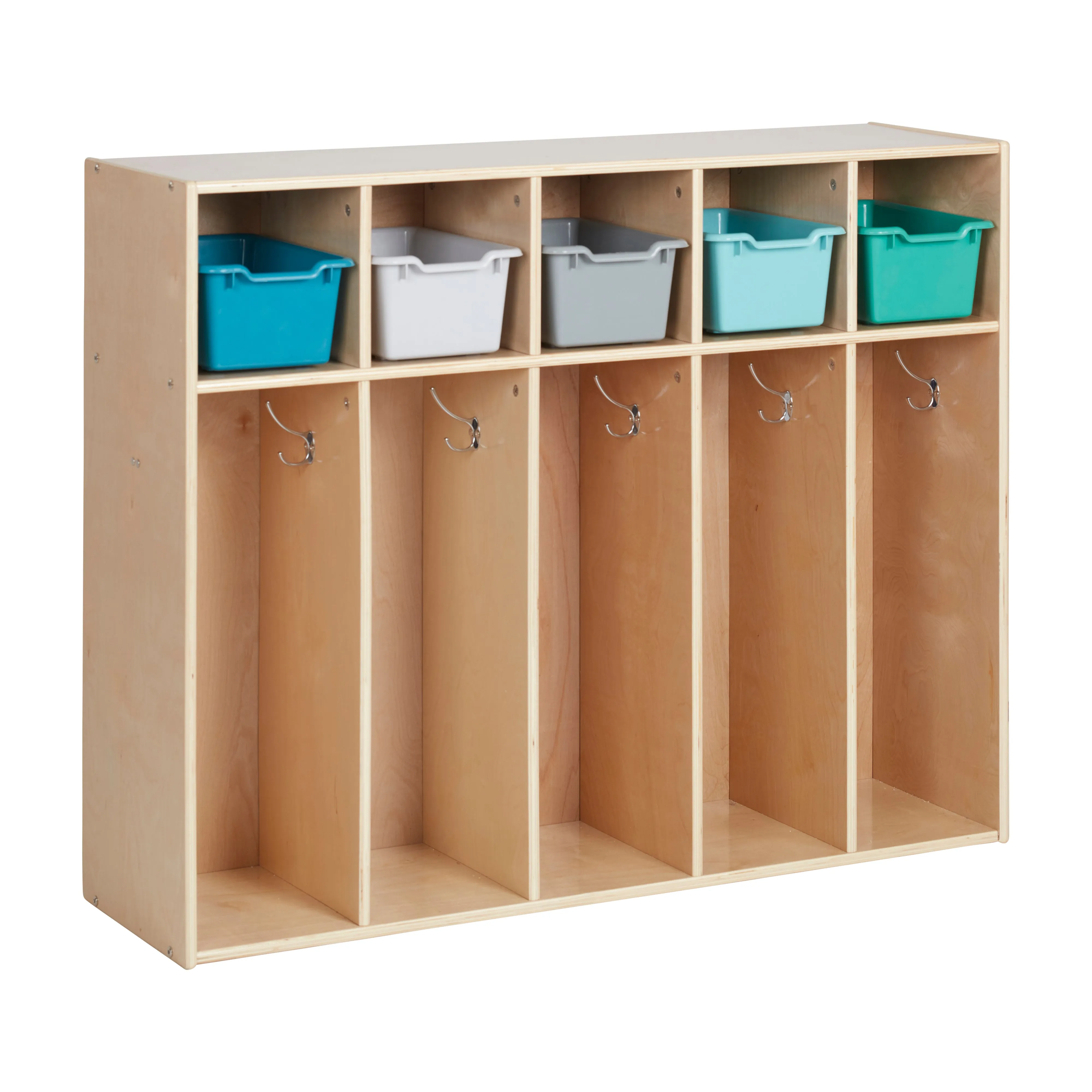 Streamline 5-Section Coat Locker with Scoop Front Storage Bins, Toddler Size, Natural