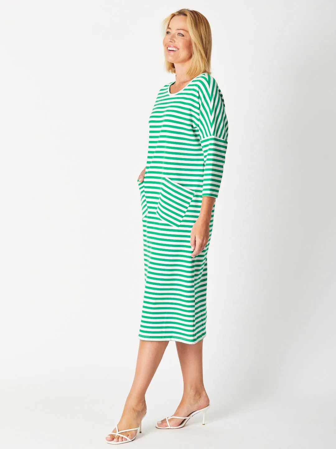 STRIPE TSHIRT POCKET DRESS - EMERALD/WHITE 29015-SW