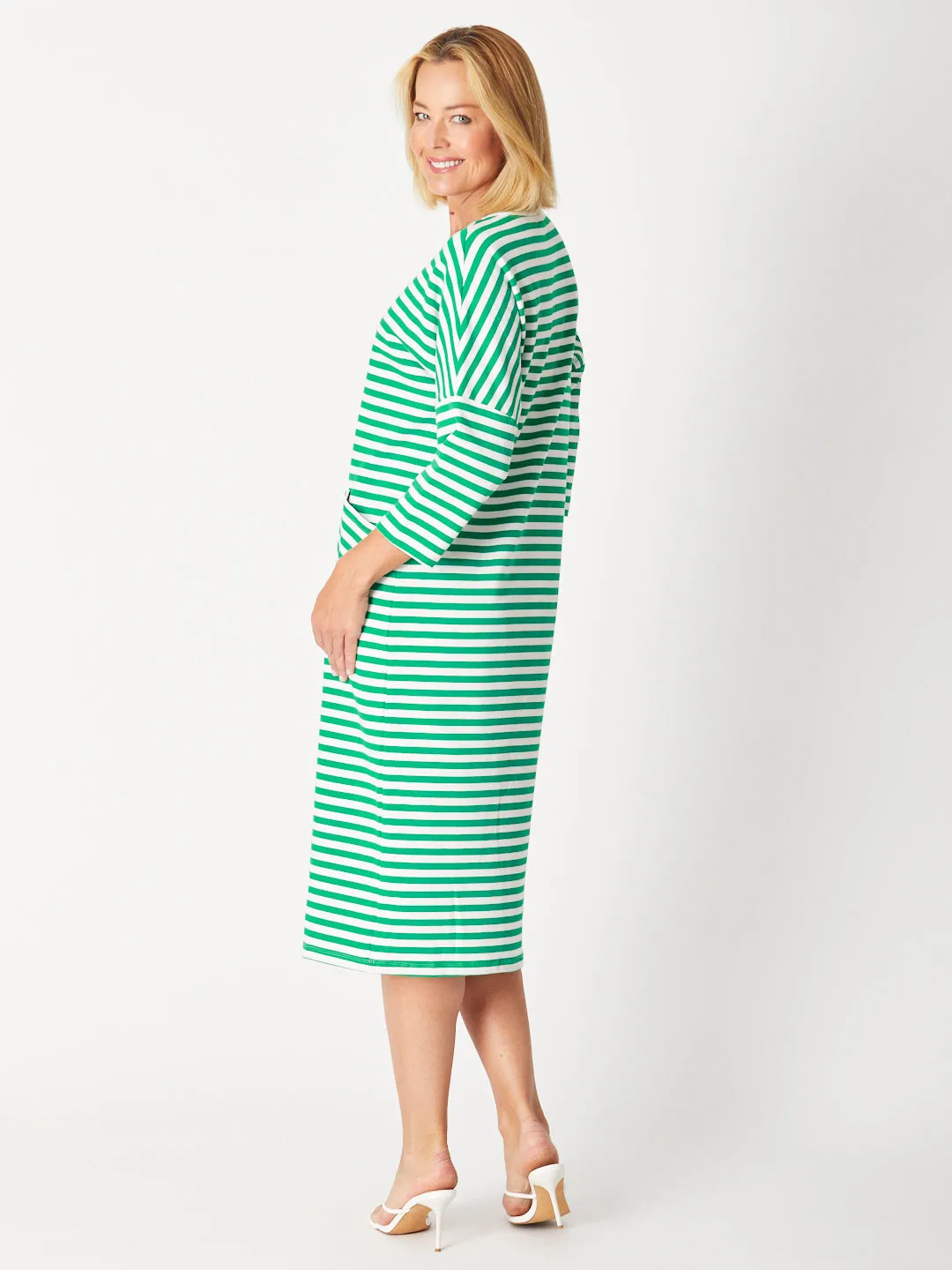 STRIPE TSHIRT POCKET DRESS - EMERALD/WHITE 29015-SW