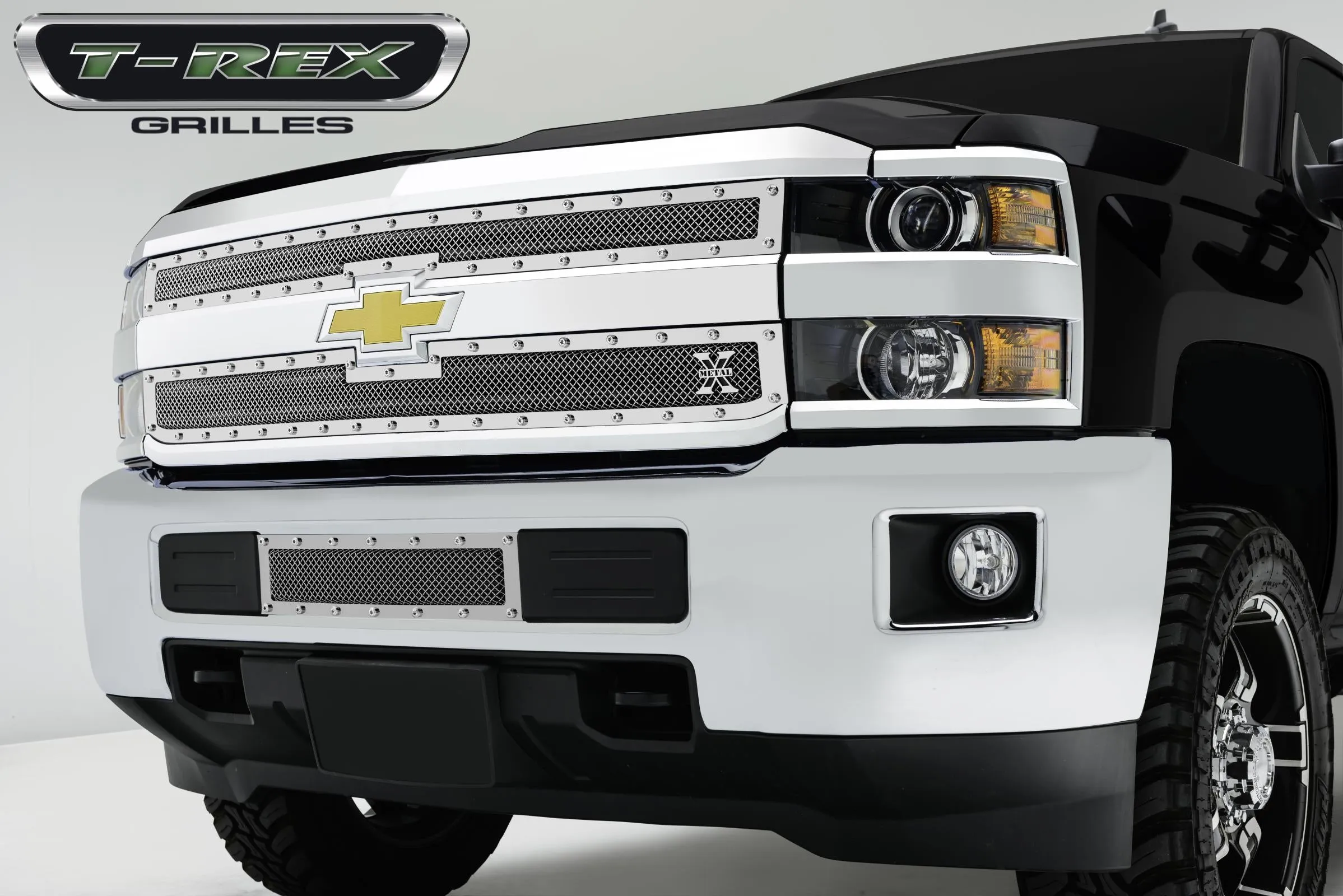 T-REX X Metal Series, 2 Piece Overlay Bumper Grille - Polished - 2015-2018 Chevy 2500/3500