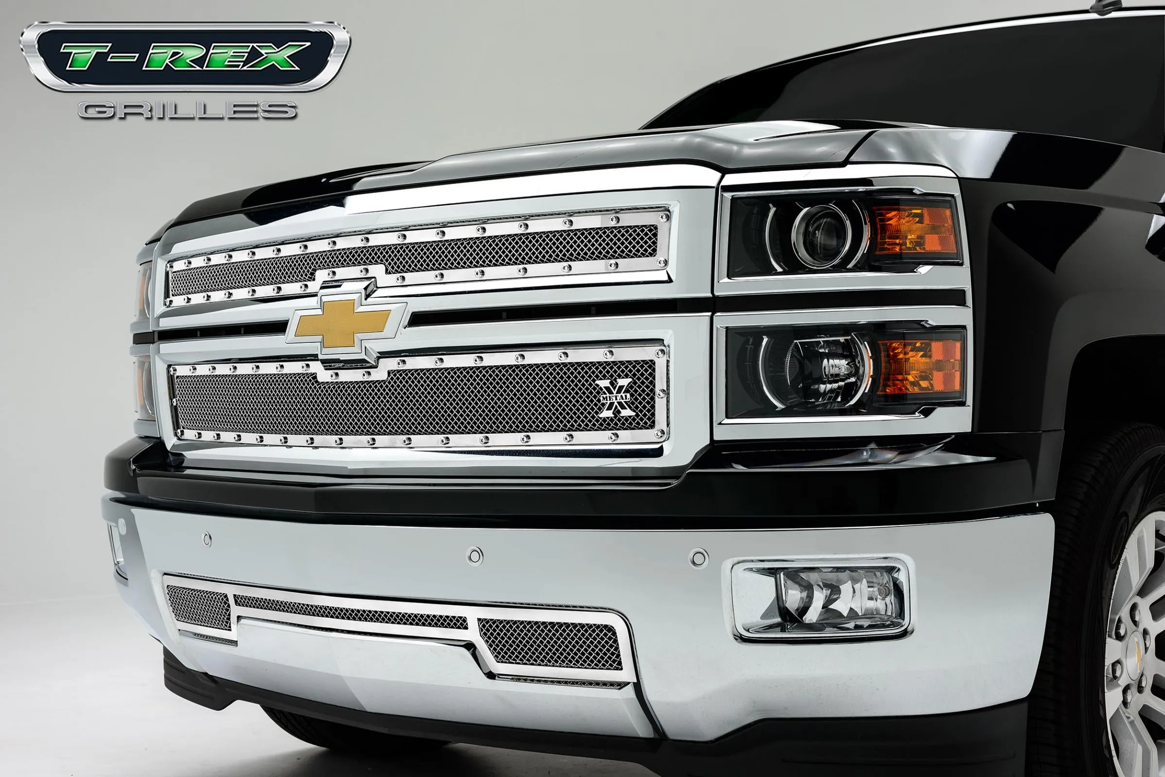 T-REX X Metal Series, 2 Piece Overlay Grilles - Polished - 2014-2015 Silverado