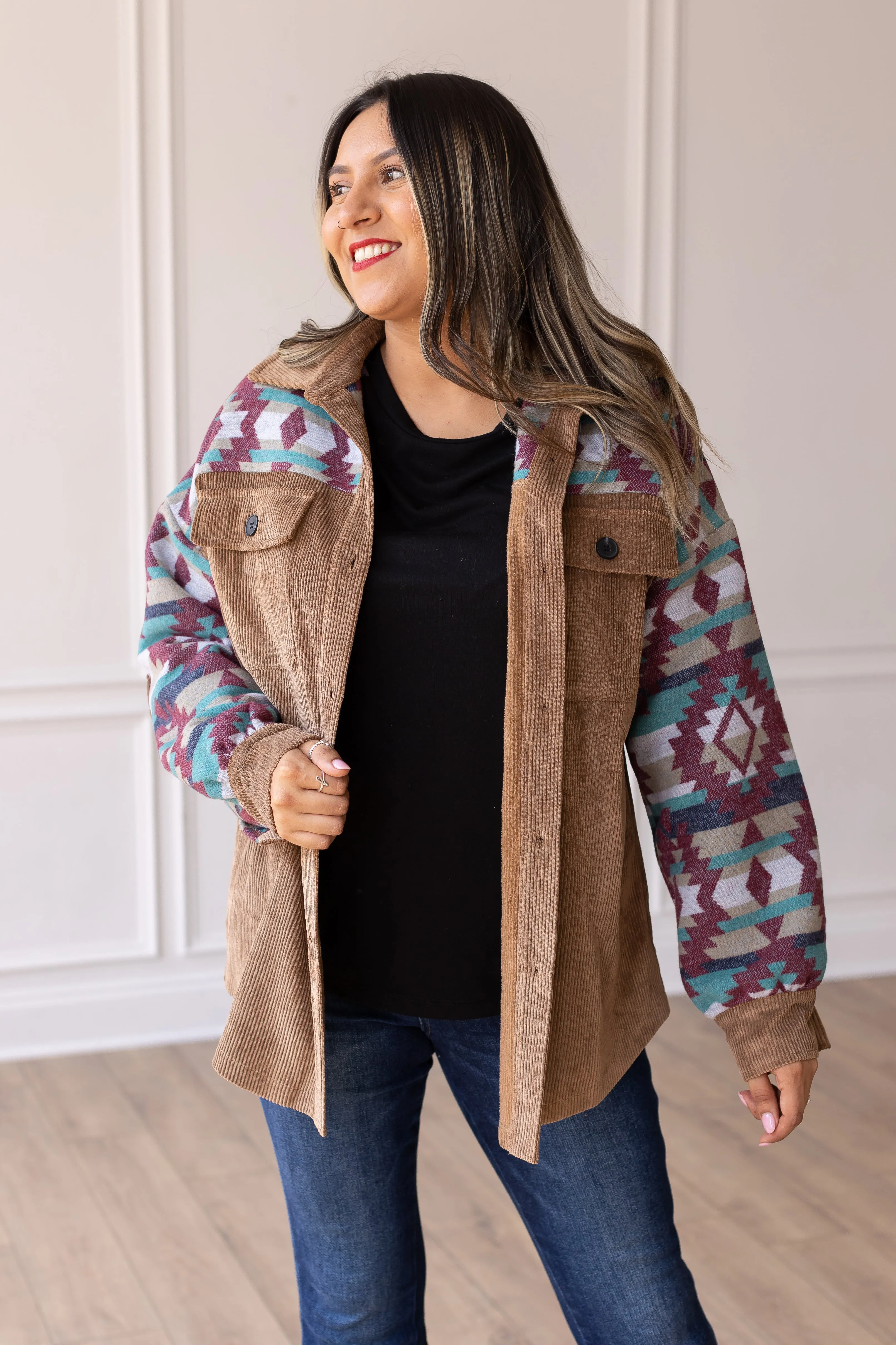 Tan Corduroy Shacket with Aztec Details