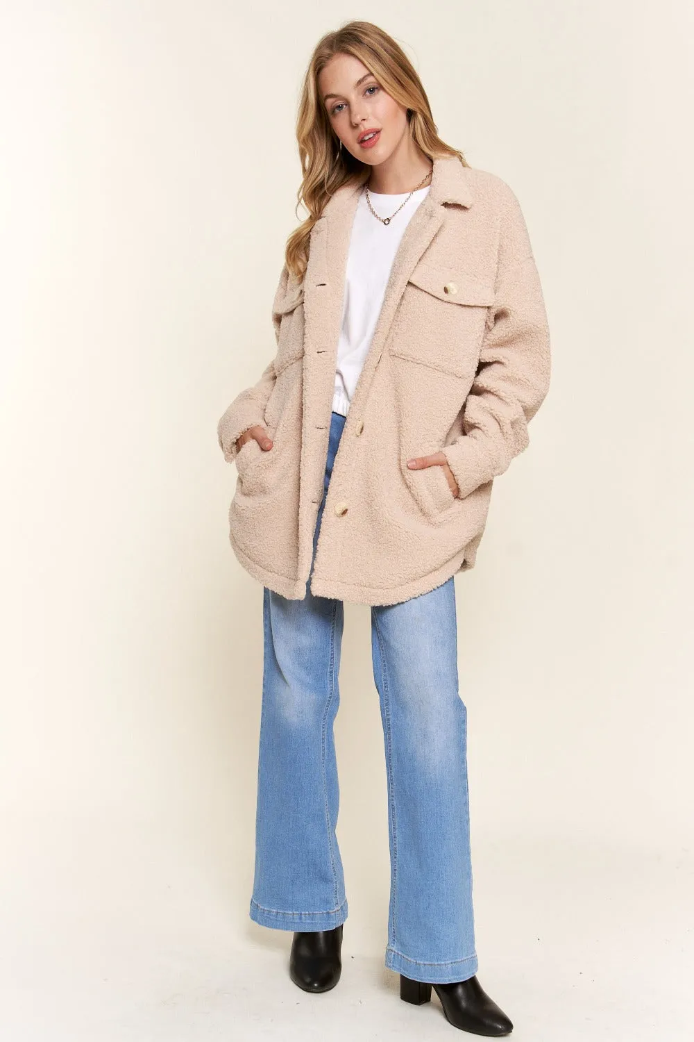 Teddy Sherpa Button Down Curved Hem Shacket