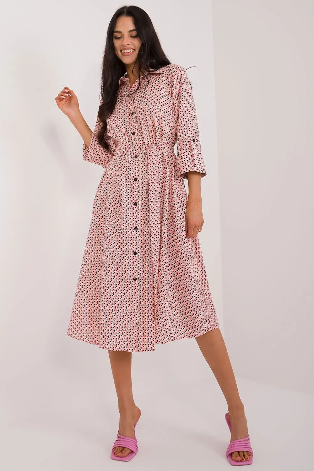 TEEK - Buttoned Down Patterned Pocketed Shirt Dress