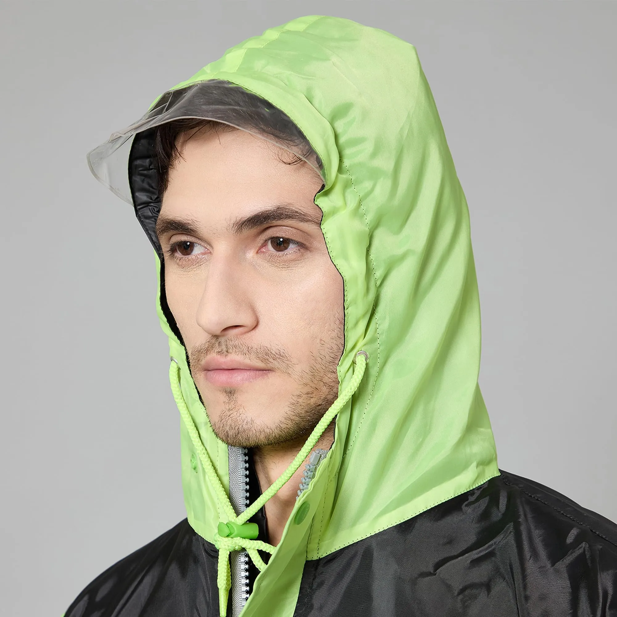 THE CLOWNFISH Raincoats for Men Waterproof Reversible for Bike Double Layer with Hood Rain Coat for Men. Set of Top and Bottom. Color Block Series (Black/Neon, 4XL)