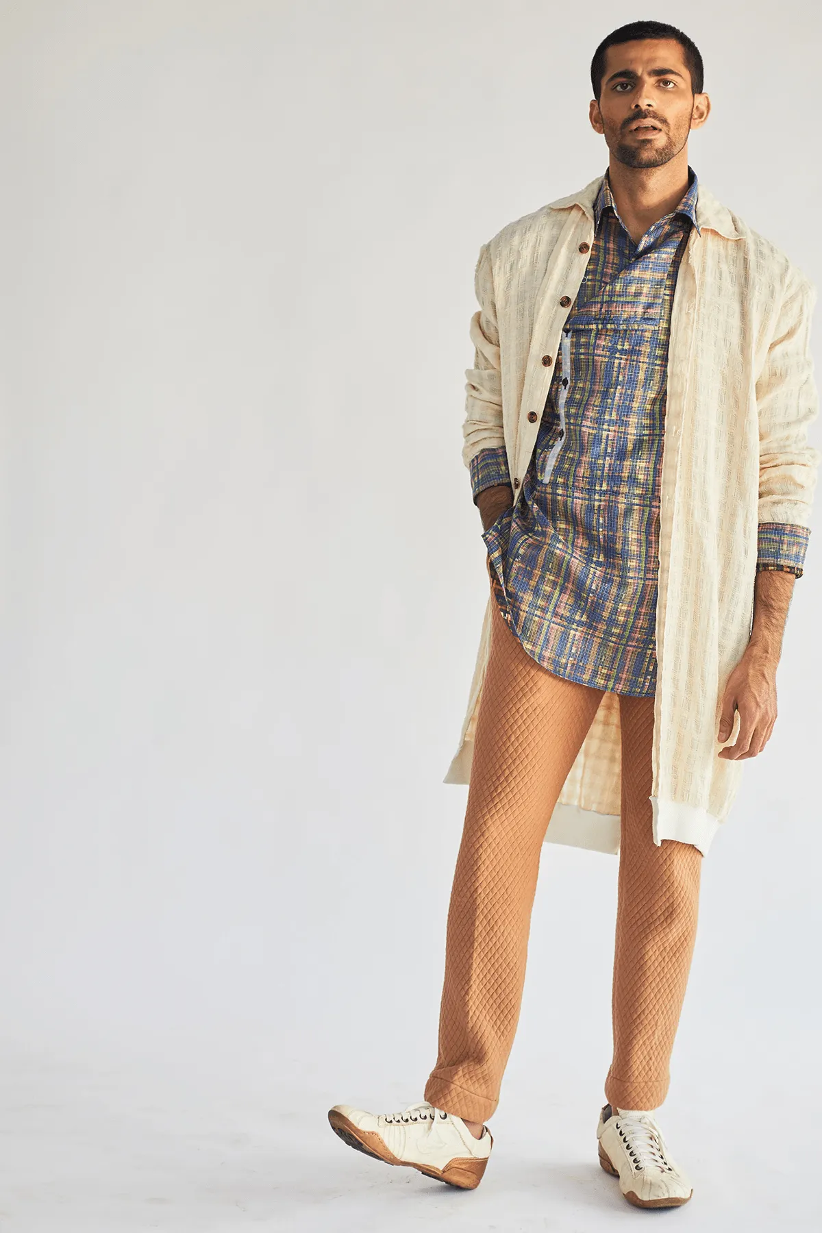 Thread Texture Jacket with Overlapped Kurta Shirt and Quilted Pants