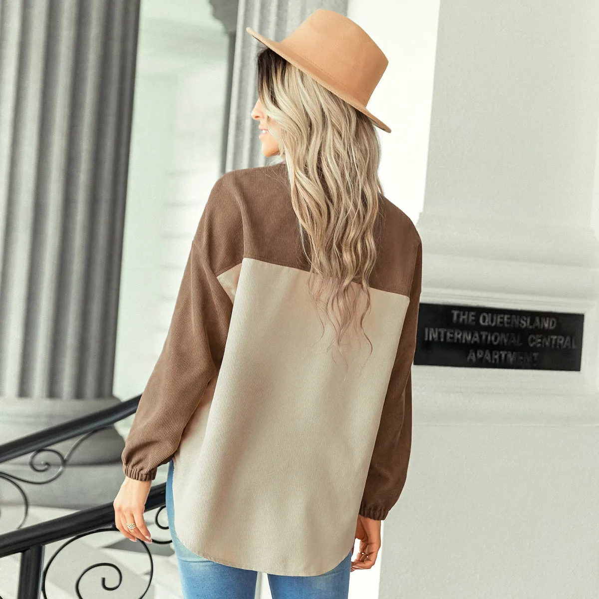 Two-Tone Long Sleeve Button Up Shacket