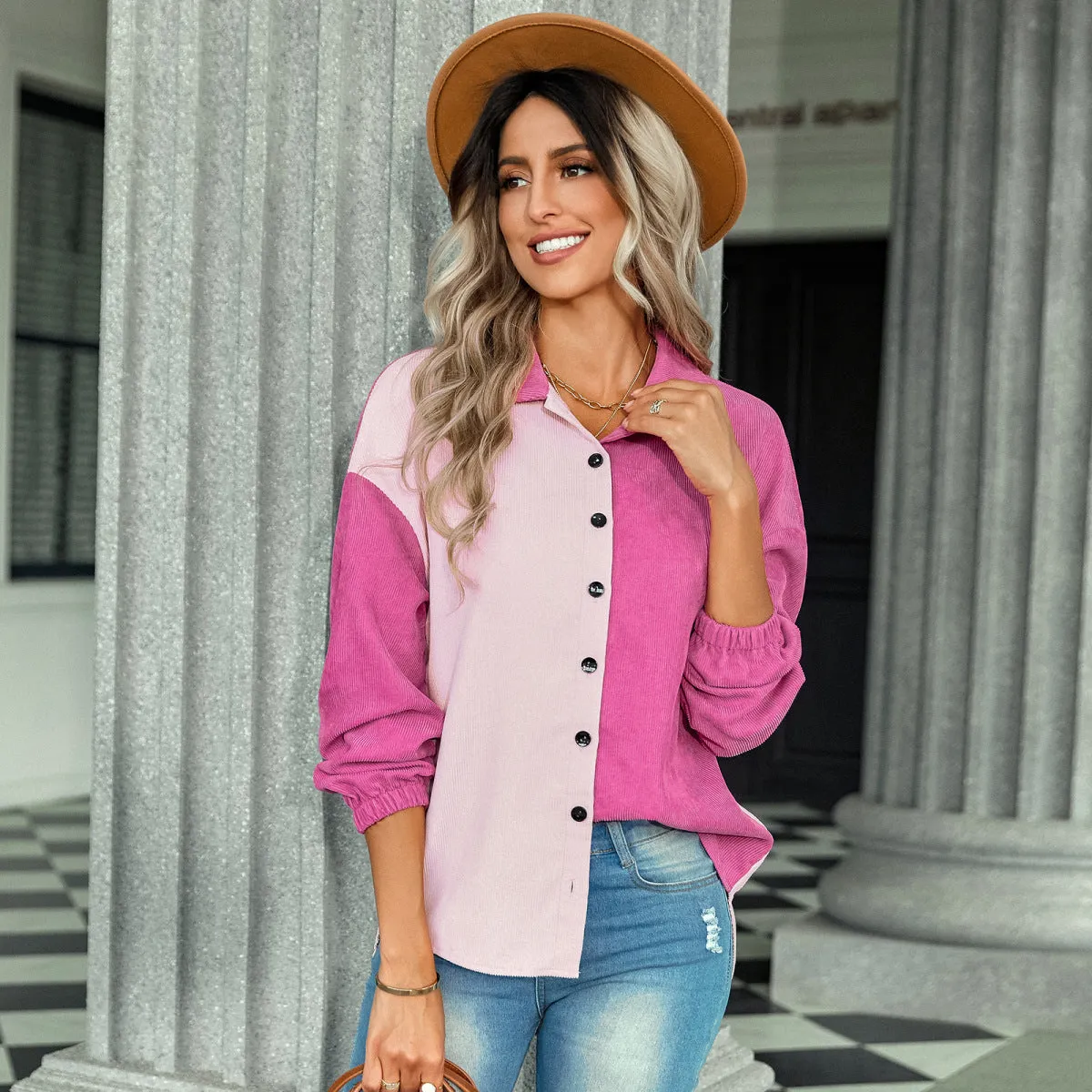 Two-Tone Long Sleeve Button Up Shacket