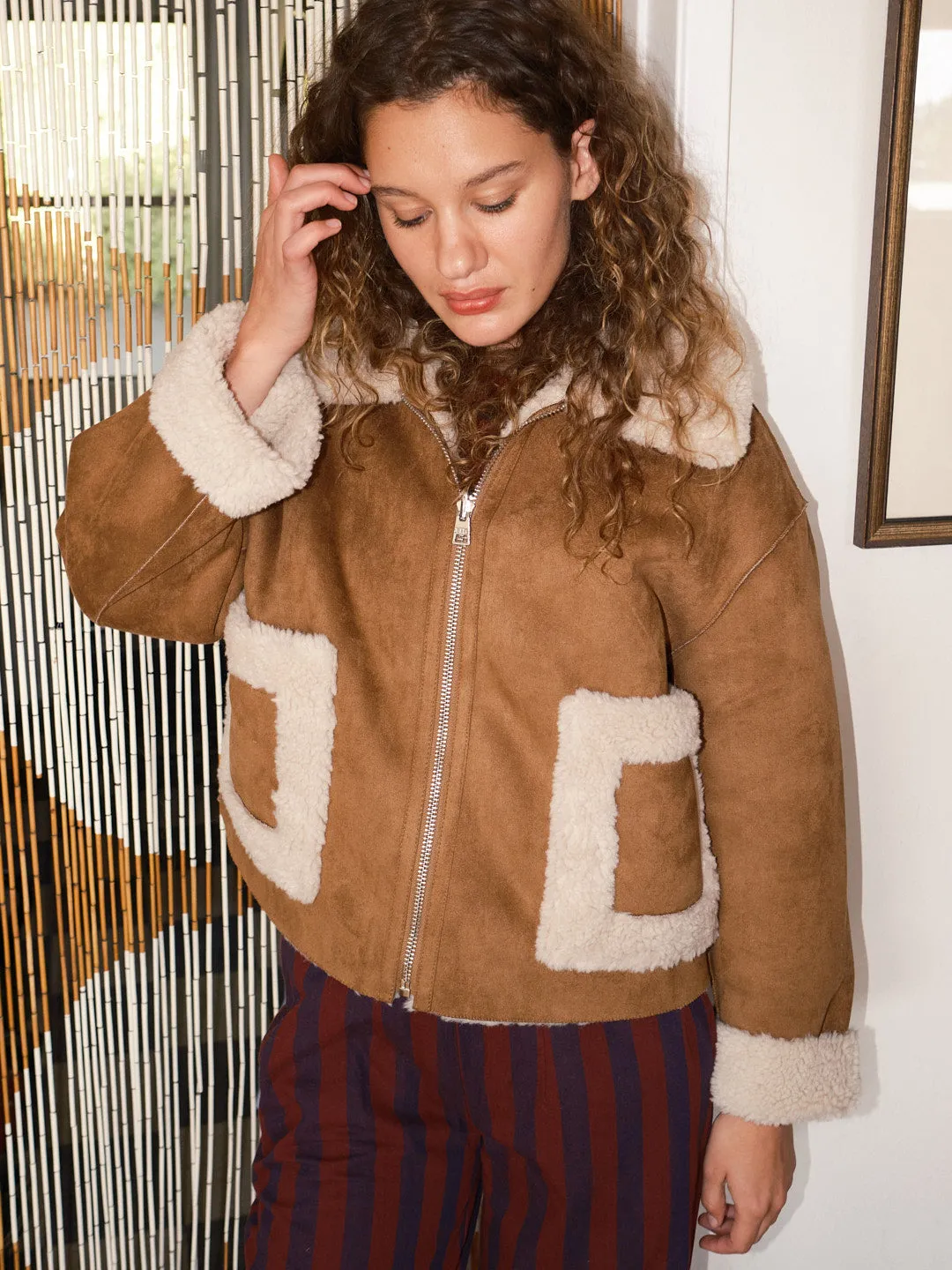 Vera Shearling Aviator Jacket - Tan/Cream