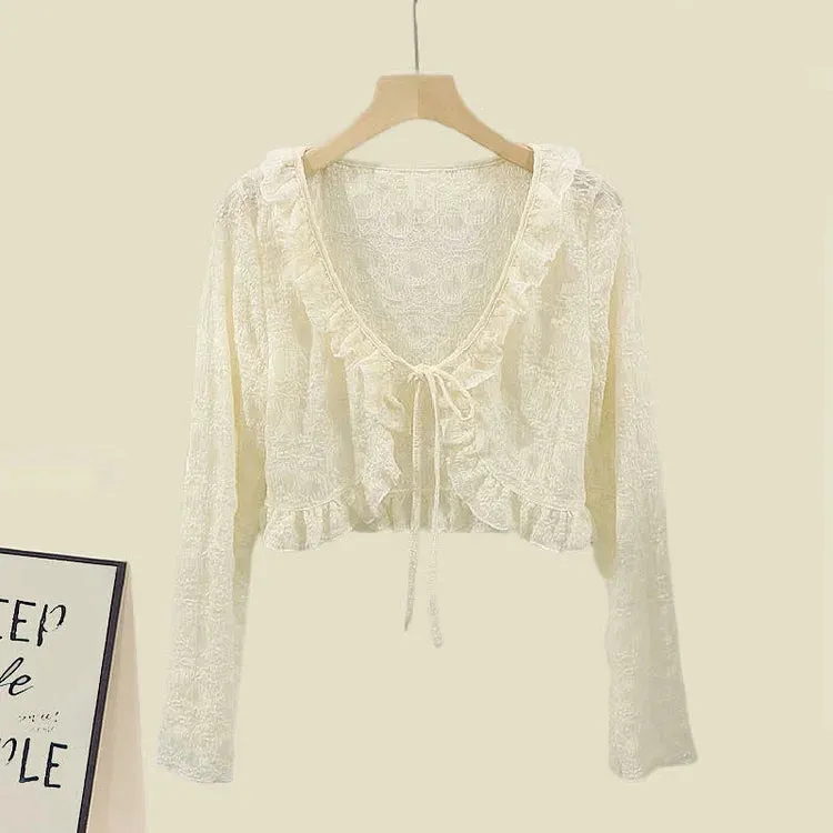 Vintage Charm: Long Sleeve Lace Cardigan and Ruffled Slip Dress