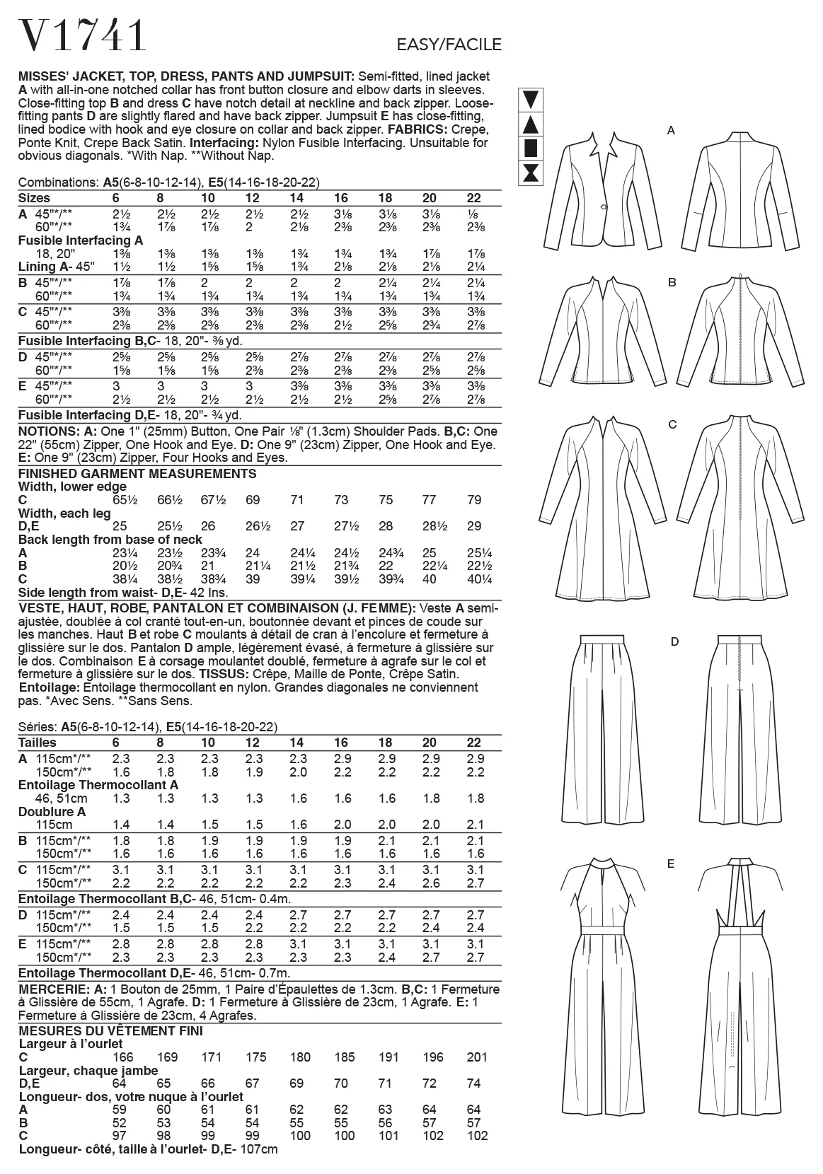 Vogue Pattern V1741 Misses' Jacket, Top, Dress, Pants and Jumpsuit